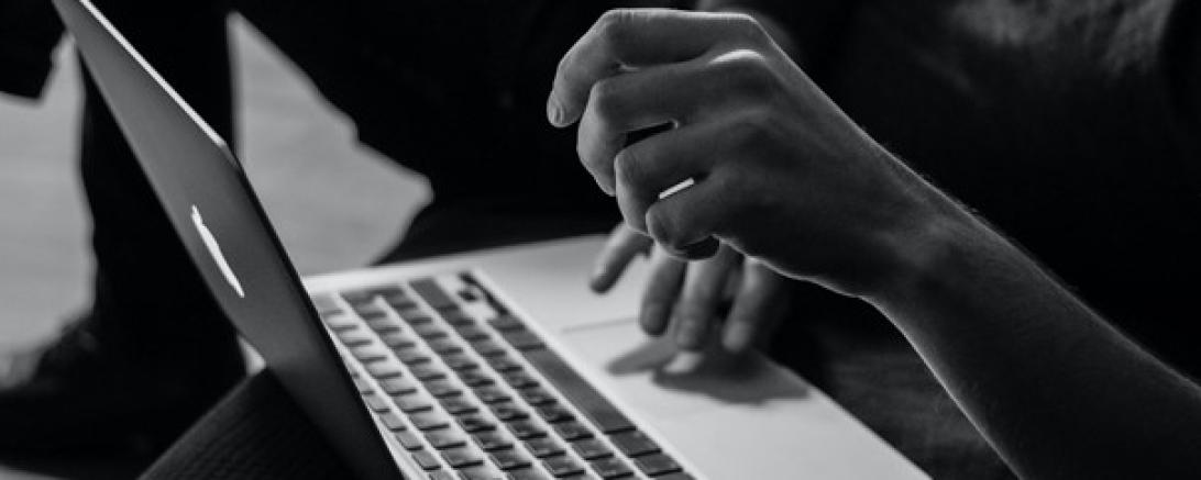 Das Bild zeigt eine Person bei der Arbeit mit einem Laptop.