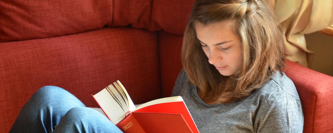 Junge Frau liegt auf rotem Sofa und liest ein rotes Buch