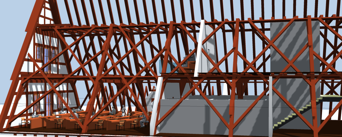 Computergrafik eines Dachgeschosses mit Holzsparren, darin ein Sitzungssaal