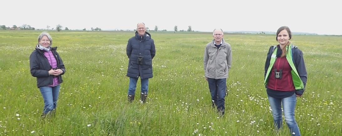 Dank ihnen wird die Gebietsbetreuung für mindestens drei Jahre fortgesetzt. Von links: Ulrike Lorenz (Vorständin des Bayerischen Naturschutzfonds), Jürgen Scupin, Johannes Ruf und die neue Gebietsbetreuerin Lara Müller – hier in den Pfäfflinger Wiesen. 