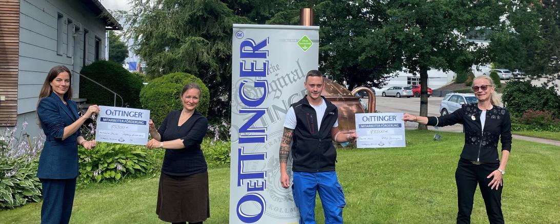 Hoher Besuch für die Oettinger Brauerei (v. l. n. r.): Erbprinzessin Cleopatra zu Oettingen-Spielberg freut sich mit Natalie Bajon, Leiterin Unternehmenskommunikation, Daniel Moll, Braumeister, und Pia Kollmar, Geschäftsführerin der Oettinger Brauerei, über die Spenden für den guten Zweck.