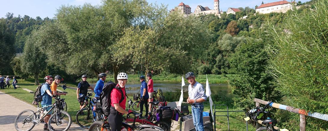 v.r. Organisatoren Karl Mehl und Dr. Maiken Winter, Karl-Heinz Feldner (ADFC), Hanno Sombach (ÖDP), Harald Dähne und Peter Hanisch (ADFC), Johannes Thum (ÖDP) und Wolfram Wegele (Weltladen Nördlingen) 