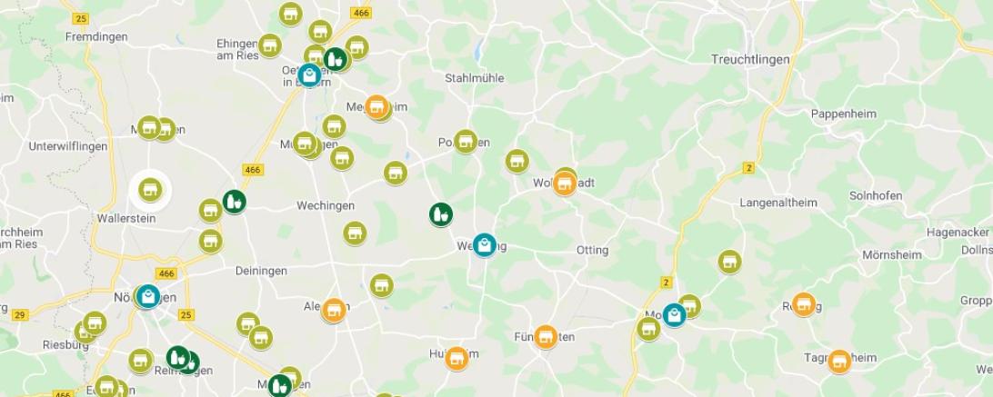 Auf dem Bild zu sehen Karte von Hofläden und Lebensmittelautomaten.