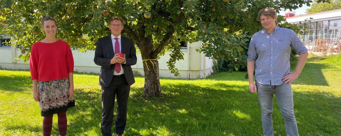 Drei Personen auf Wiese vor Obstbaum, davor Korb mit Äpfeln