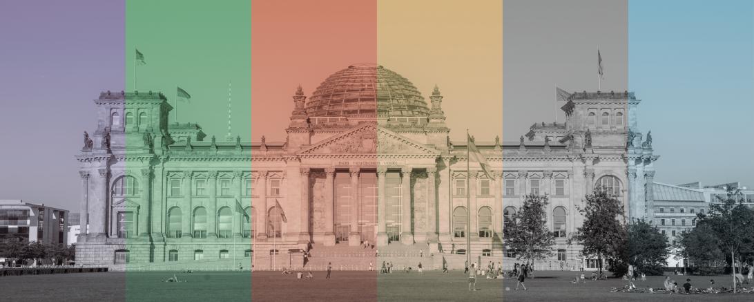 Reichstagsgebäude eingefärbt in den Farben der Parteien im Bundestag