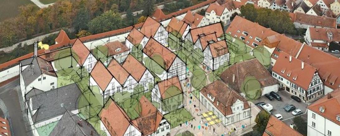 Anker-Areal in Nördlinger Altstadt aus der Luft betrachtet, darin eingezeichnet neue Gebäude