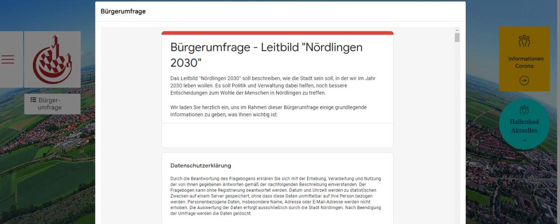 Screenshot einer Umfrage auf der Webseite der Stadt Nördlingen