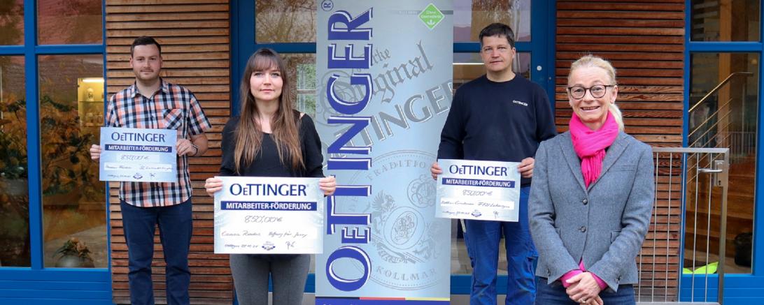 Die Gewinner der Oettinger Mitarbeiterförderung. Von links: Thomas Färber, Carina Riedel und Matthias Griesbauer mit Brauerei-Chefin Pia Kollmar.