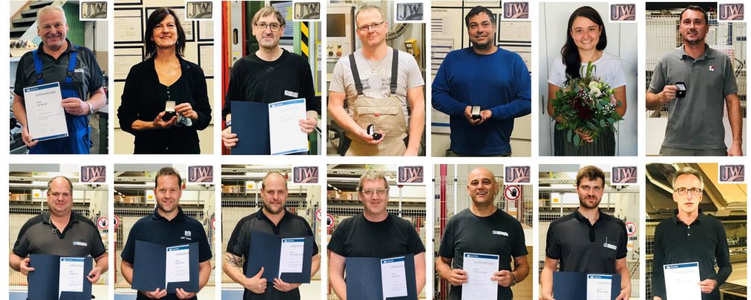 14 Dienstjubilare von Jeld-Wen mit Urkunden