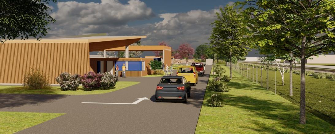 So ähnlich könnte der künftige Recyclinghof in Nördlingen aussehen, Blick von der provisorischen Einfahrt über den Supermarktplatz in Richtung Nordost.