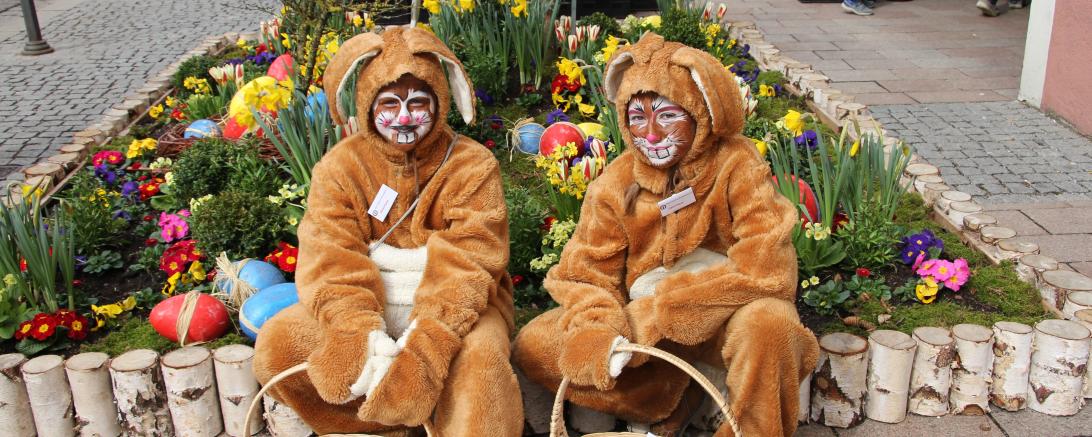 Auf dem Bild sind zwei Menschen verkleidet als Osterhasen zu erkennen.