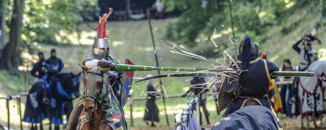 Das Bild zeigt einen Ritterkampf auf dem historischen Markt.