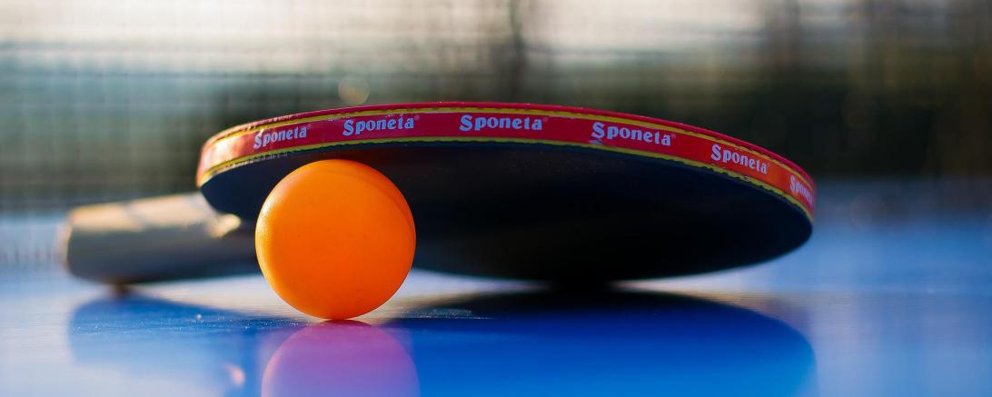 Zu sehen ist ein Tischtennisschläger und ein Tischtennisball. 