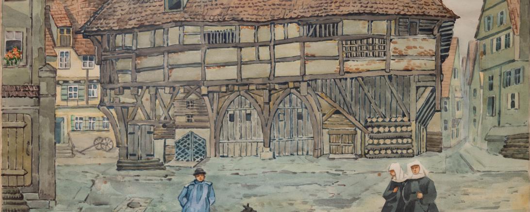 Bruno Fischers Aquarell „Hafenmarkt“ in Nördlingen