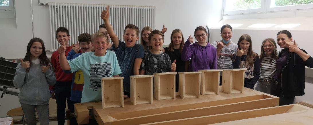 Das Bild zeigt die Klasse 6A vor ihren gebastelten Nistkästen.