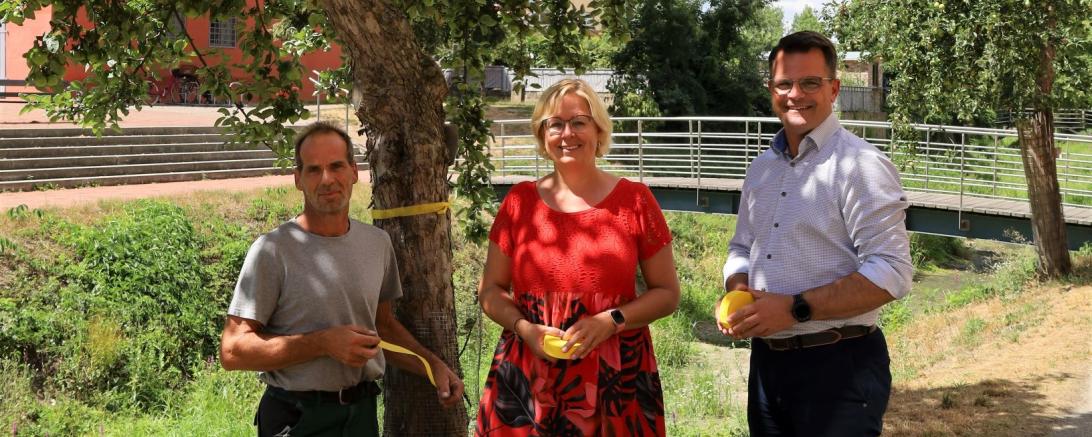 Im Bild v. l. n. r:  Stadtgärtnermeister Thomas Schneider, Stadträtin Bärbel Stahl und Oberbürgermeister Jürgen Sorré.