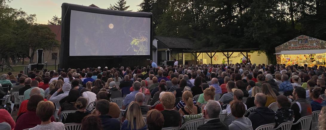 Das Bild zeigt die vielen Zuschauer vor der Leinwand im Musikergarten.