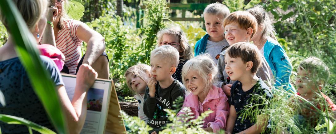 Schulstunde im Schulgarten: Die Mädchen und Buben erforschen aktiv ihre natürliche Umgebung.
