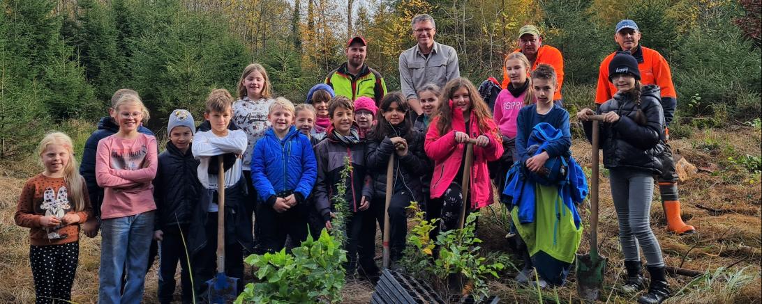 Im Bild sind Schüler zu sehen die Bäume pflanzen