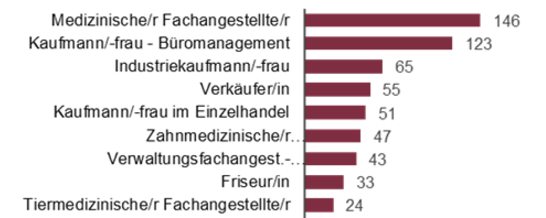 Top-10-Berufe der Bewerberinnen im Berichtsjahr 2021/2022 der Agentur für Arbeit Donauwörth. 