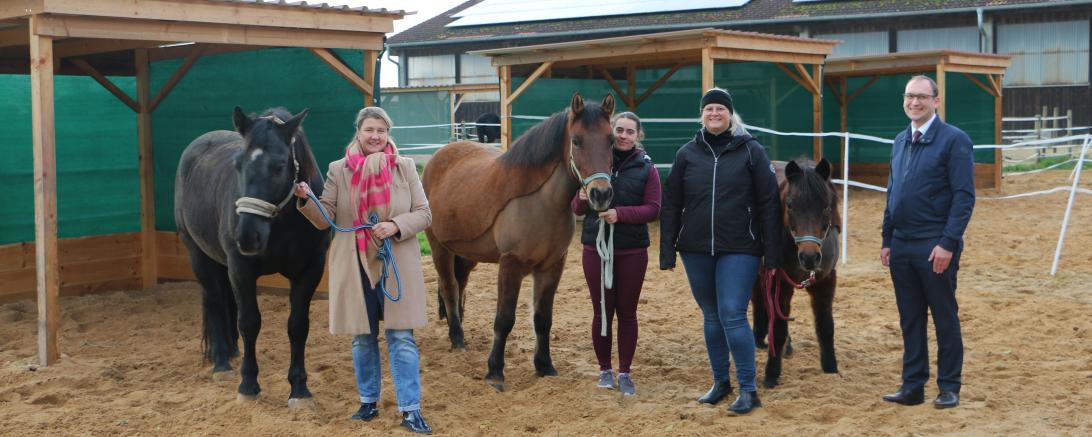 Alle Beteiligten freuen sich über die neuen Unterstände für die Schulungspferde.