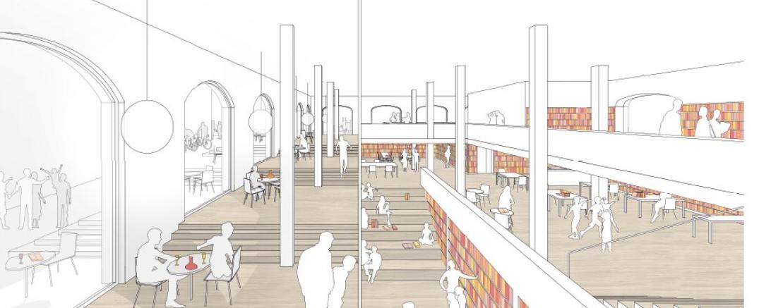 links: Blick ins Café, rechts: Raumfolge Bibliothek 