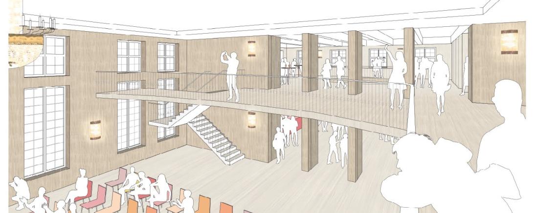 Blick in den Saal und auf die Empore ins aufgeweitete Foyer