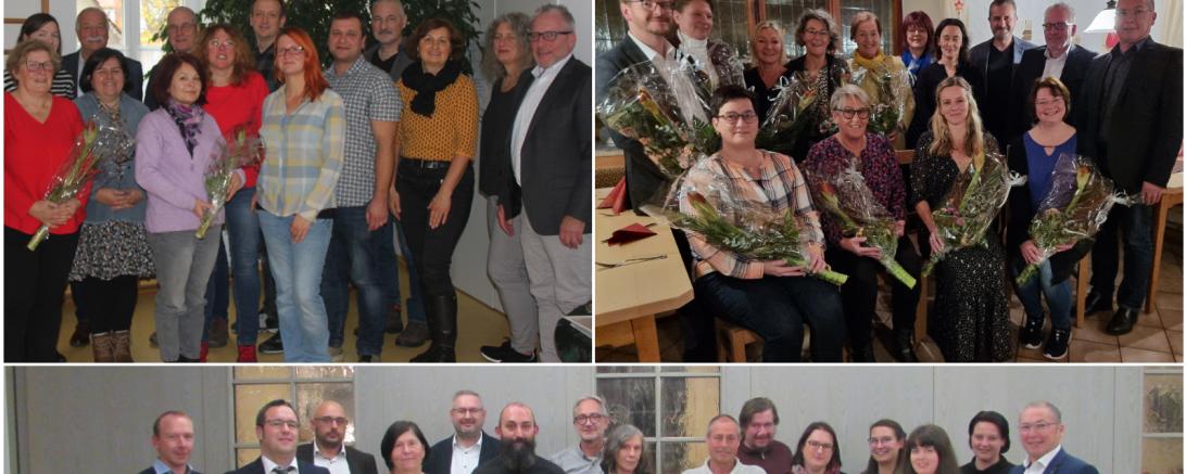 Das Bild zeigt die Geehrten aus dem Team des Vereins (oben links), der Wohnheim GmbH (oben rechts) und der Donau-Ries-Werkstätten (unten). 