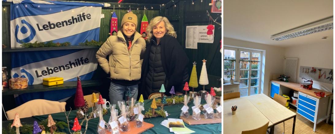 Das Bild zeigt die Weihnachtsmarktbude der Tagesstätte und Anne-Maria Dittes (links) und Veronika Hagl (rechts) sowie einen Einblick in den Ergotherapie-Raum.