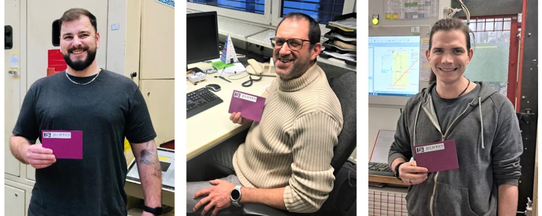 oben von links: Manuel Rehwald (Abteilung Oberfläche), Gerhard Stoller (Produktentwicklung), Benedikt Faaß (Kantenbearbeitung), unten von links: Heinz Grimm (Angebotsabteilung), Björn Flachsel (Presse) sowie Michael Neidlein und Markus Dürnberger (Endfertigung), die einen Gruppenvorschlag einreichten. 