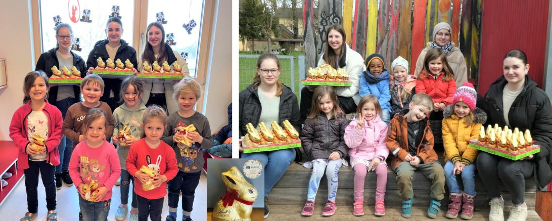 Auf dem rechten Bild die JELD-WEN Azubis Anne Malek, Greta Preiß, Erzieherin Stephanie Hoffmann und Azubi Natascha Weizel.