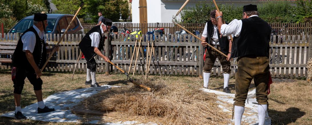 Die „Original Riasr Goißlschnalzr“ zeigen beim Flegendreschen ihr Können