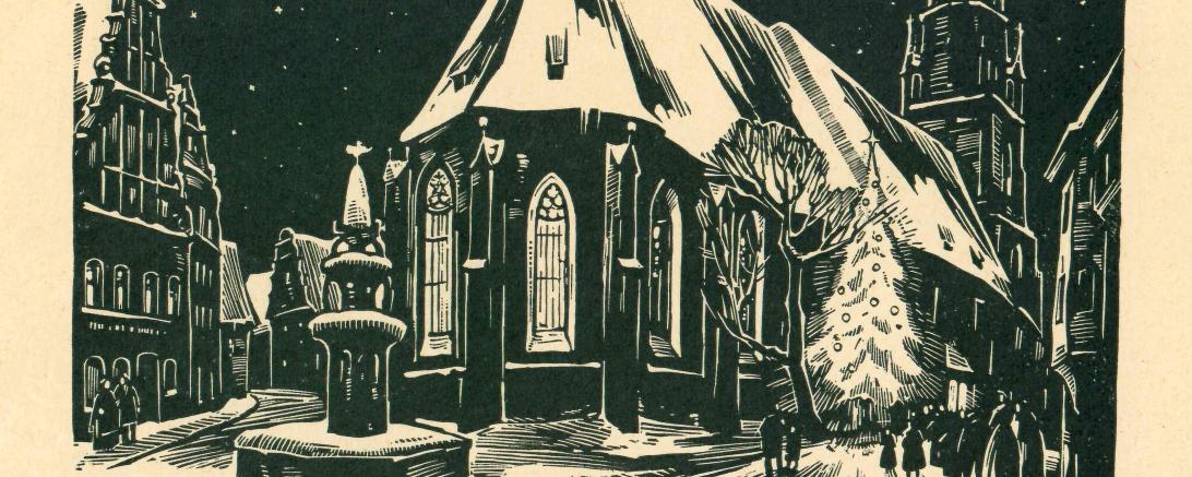 Christmette in St. Georg, Holzschnitt von Rudolf Warnecke, 1968