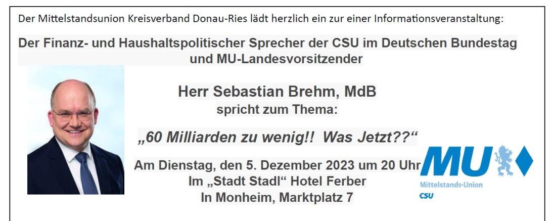 Der Mittelstandsunion Kreisverband Donau-Ries lädt herzlich ein zur einer Informationsveranstaltung