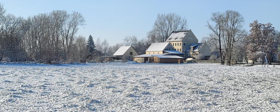 Auf dem Bild ist die Bertele Mühle in einer Winterlandschaft zu sehen.