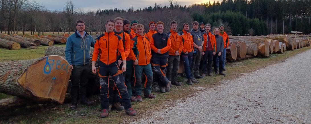 Das Team des Forstbetriebs Kaisheim mit Auszubildenden bei der gemeinsamen Besichtigung der Wertholzversteigerung in Bopfingen