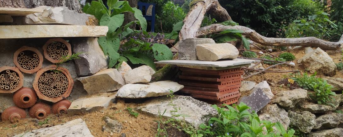 Garten mit Insektenhotel, Steinen und Bäumen