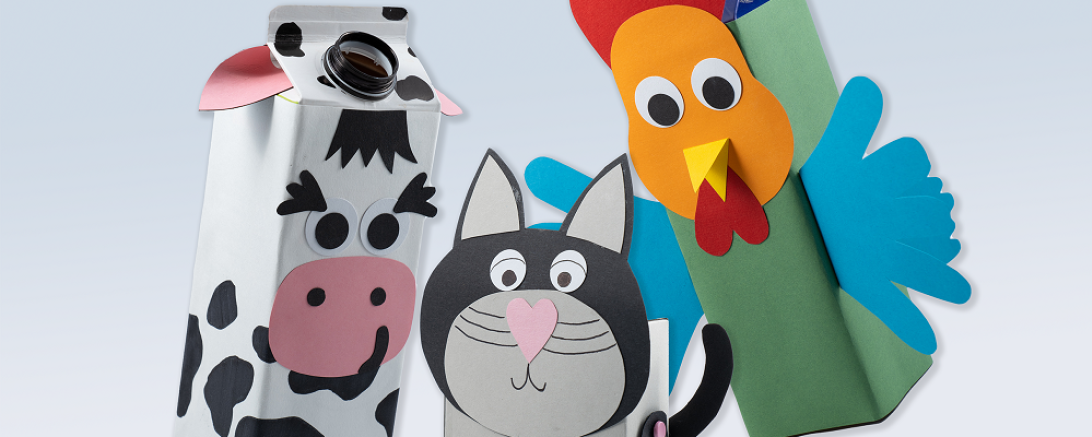 Selbstgebastelte tierische Spardosen aus Tetra Paks.