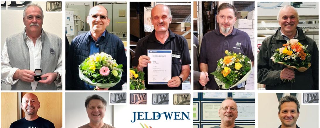 obere Reihe von links: Georg Kolland (40 Jahre) Vertrieb-Objekt, Kurt Stoll (35) Presse, Josef Link (35) und Michael Czech (35) Magazin, Josef Rieger (35) Endfertigung 2. Reihe von links: Wolfgang Hofmann (30) und Werner Beck (25) Arbeitsvorbereitung, Franz Brey (35) Oberfläche, Karlheinz Mayer (25) Servicedienst 3. Reihe von links: Petra Prießnitz (25) Vertrieb-Objekt, Silke Ganzenmüller (25) Magazin, Alfred Wenninger (25) und Martin Faaß (25) Endfertigung, Sepp Offinger (40) Presse,  untere Reihe von link