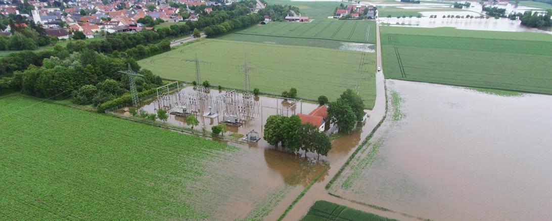 Hochwasser 2024 Drohnenaufnahme Umspannwerk 