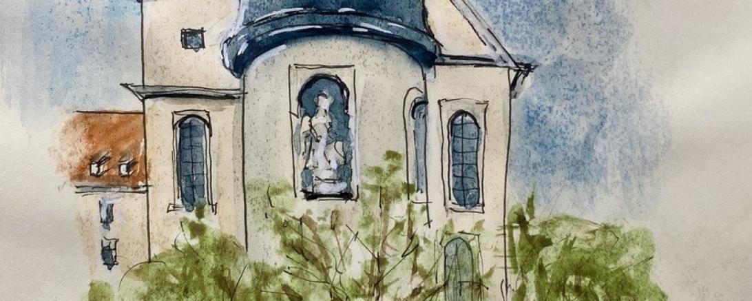 Aquarellierte Zeichnung des Klosters Maihingen.