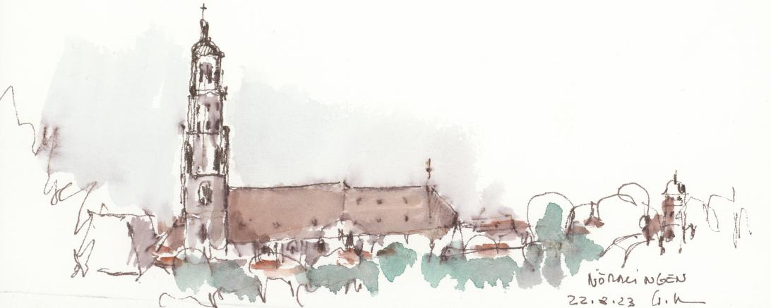 Ansicht der Kirche St. Georg in Nördlingen, Zeichnung von Walter Diem.