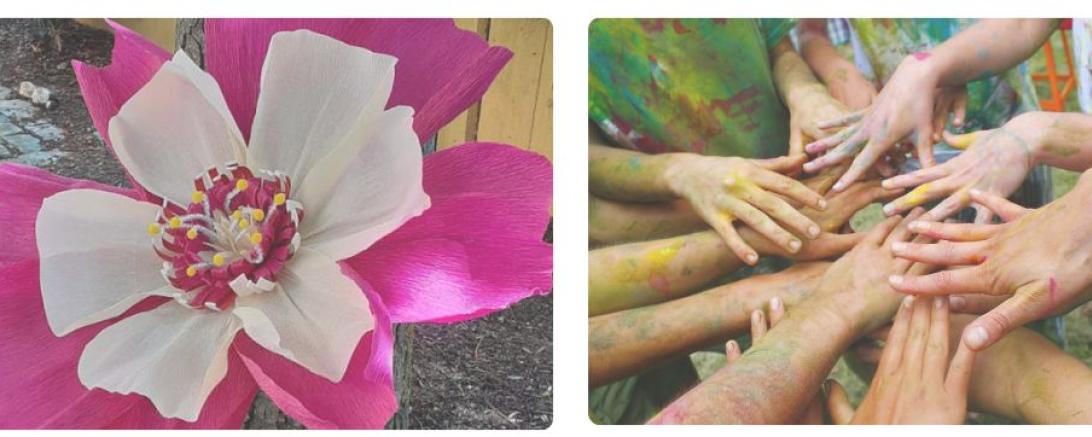 Angeboten wird Breakdance, Action Painting und riesen Blumen aus Holz.