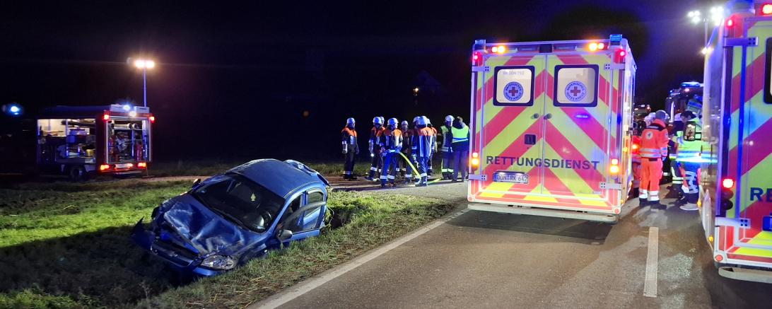 Das Unfallauto blieb nach dem Überschlag im Straßengraben liegen.