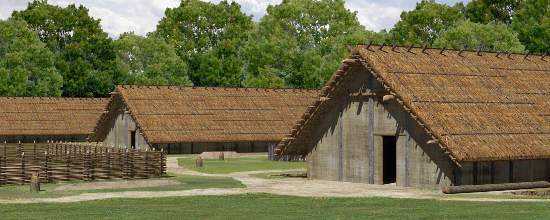 Die 3D-Computerrekonstruktion eines bandkeramischen Hauses.