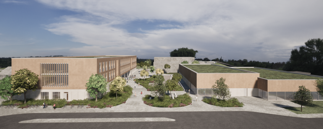 Außenansicht des neuen Schulzentrums (links) und des Hallenbades (rechts). Die Grafik ist ein Erstentwurf. 