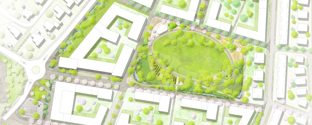 So könnte das Alfred-Delp-Quartier in Zukunft gestaltet werden. Im Zentrum befindet sich der Park mit allerlei Nutzungsmöglichkeiten für die Anwohner*innen. 