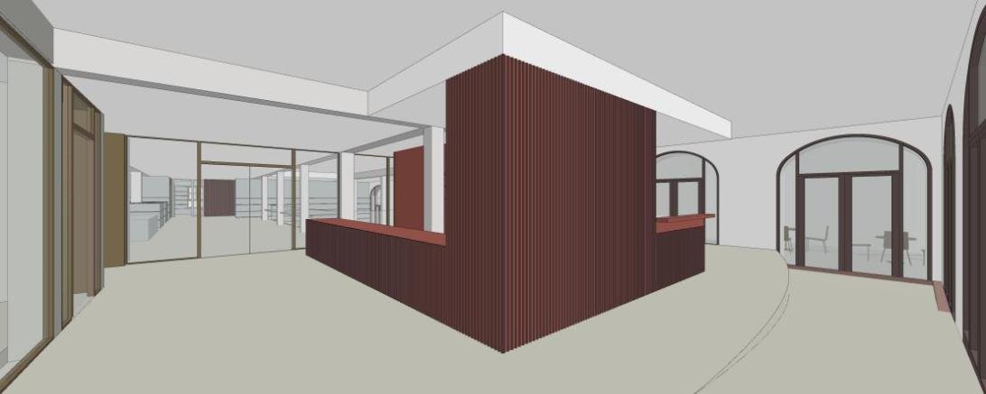 Ein erster Entwurf für den Eingangsbereich von Stadtbibliothek, Touristinformation und Lesecafé im Erdgeschoss des Tanzhauses. 