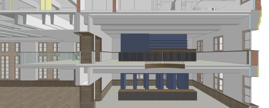 In den Entwürfen ist die Garderobe im 1. Obergeschoss geplant, darüber befindet sich ein Bar für die Pausenbewirtung bei Veranstaltungen. 