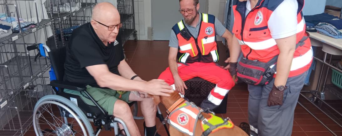 Mitglieder der BRK-Rettungshundestaffel mit Pflegeheim-Bewohner bei der Einsatzübung.